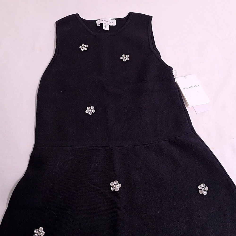 NWT Free Assembly Knit Midi Dress Women XS Black Rhinestone Floral Fit & Flare